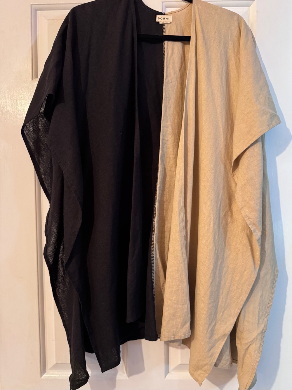 DONNI. Linen Two-Tone Draped Wrap Shawl in Khaki and Black EUC